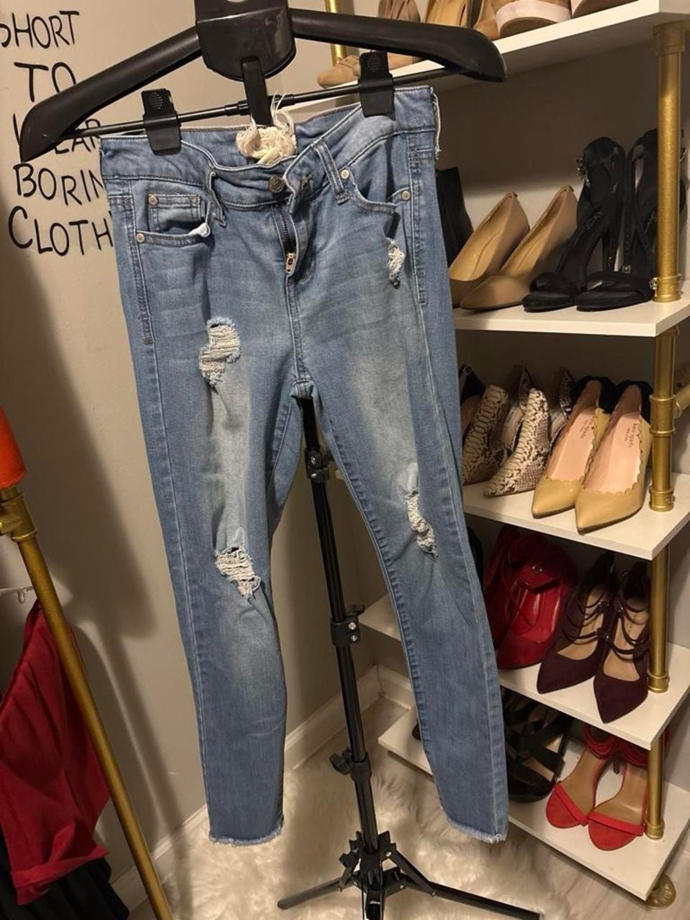 Light Blue Distressed Skinny Jeans - Women's Stretch Denim
